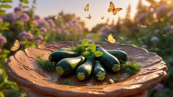 Zucchini on Plate with Butterflies in Field photo