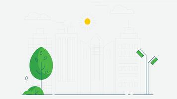 Outlined illustration of a city background featuring green trees and street lights, creating a simple urban landscape vector