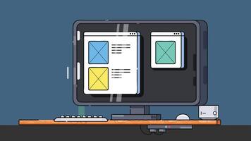 Illustration of a laptop on a desk at night, symbolizing remote work and freelancing, with a calm, focused atmosphere ideal for productivity vector