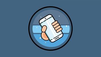 Illustration of a hand holding a smartphone within a circular blue badge against a navy blue background. The icon represents mobile technology, apps, or digital communication. vector