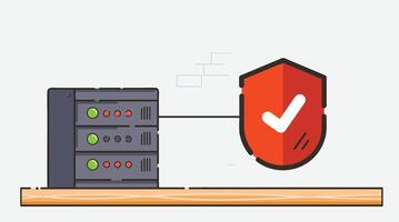 A server with a red shield symbolizing security and protection, isolated on a solid background, representing the concept of safeguarding data and information vector