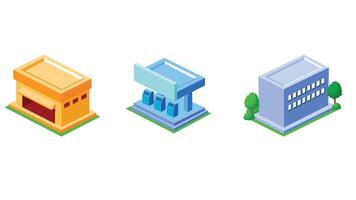 Isometric illustration of city buildings designed as game assets, featuring various architectural styles, streets, and urban elements arranged in an isometric perspective 01 vector