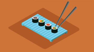 A delicious sushi plate featuring various types of sushi, neatly arranged with fresh ingredients, accompanied by chopsticks vector