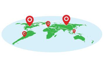 A world map featuring various location marks pinpointed across different continents, representing global presence, travel destinations, logistics, or international connections vector