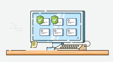 Illustration of a computer monitor displaying a security interface with green shield checkmarks and card icons on a blue screen. The monitor sits on a wooden desk with a keyboard and sticky note. vector