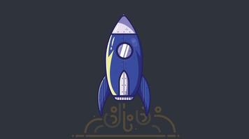 Cartoon style illustration of a rocket launching into the night sky with stars and smoke, capturing a playful and imaginative space exploration vector