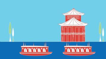 A stylized illustration of traditional Chinese ships, featuring classic designs, with old architecture in the background vector