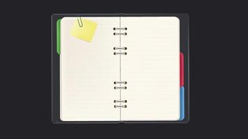 Open notebook featuring multiple colorful bookmarks placed between pages, representing organization, note taking, studying vector