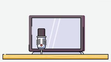 Laptop placed on a desk with an external podcast microphone beside it, ideal for recording, streaming, or remote communication in a home or studio setting vector