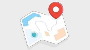 A colorful folded map featuring a prominent location mark on it, highlighting a specific point of interest. The map is vibrant and detailed vector