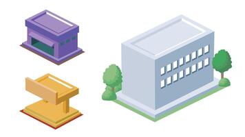 Isometric illustration of city buildings designed as game assets, featuring various architectural styles, streets, and urban elements vector