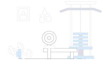 outline illustration of a gym background, featuring gym equipment such as weights, treadmills, and exercise mats vector