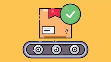 A shipping box on a moving conveyor belt with a check mark symbol above it. The scene reflects the process of sorting and confirming shipments vector