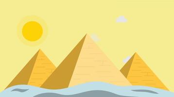 Ancient pyramids standing tall in the middle of a vast desert, surrounded by sand and bathed in sunlight, symbolizing history, mystery, and architectural wonder vector