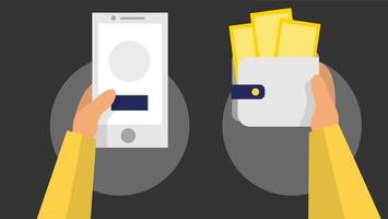 A side-by-side visual comparing a traditional leather wallet with a digital wallet on a smartphone, highlighting the evolution of money storage and financial technology vector