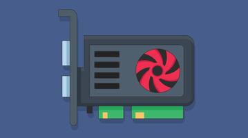 Stylized illustration of a graphics card for a personal computer, featuring cooling fans and circuit board details, symbolizing GPU technology and high-performance computing components vector