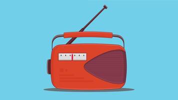 Illustration of a vintage red portable radio with an antenna, speaker grille, and tuning display against a light blue background. The retro device features a carrying handle and classic analog design. vector