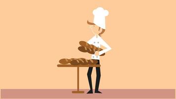 Illustration of a French chef preparing baguette bread on a table with traditional attire and kitchen setup, emphasizing classic French baking and culinary atmosphere vector