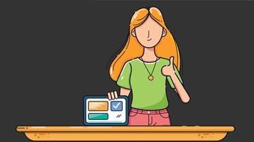 A customer service sales person working on a laptop in a store, assisting a customer and offering support vector