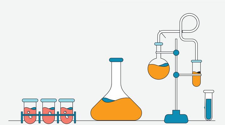 Various chemical equipment displayed in a chemistry lab, including glass beakers, test tubes, flasks, and safety tools