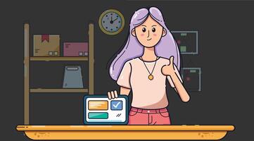 A customer service sales person working on a laptop in a store, assisting a customer and offering support with product inquiries vector