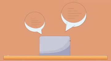 illustration of an office desk setup with a laptop and chat bubbles above it vector
