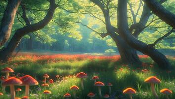 Mushroom Field in Forest with Sunlight photo