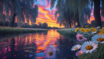 Sunset River with Willow Tree and Daisies photo