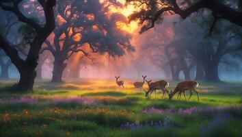 Deer Grazing in a Misty Forest Glade photo