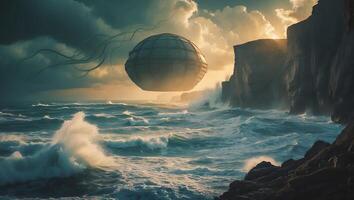Sphere Floating Above Ocean Wave Near Cliff photo