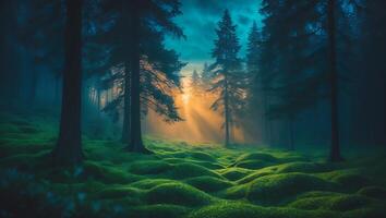 Forest with Moss and Sunlight photo