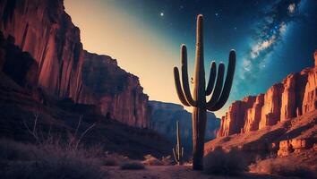 Desert Landscape with Saguaro Cactus and Starry Sky photo