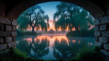 Willow Trees Reflected in Lake Under Stone Archway at Sunset photo