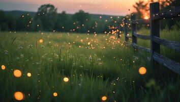 Field with Fireflies at Sunset photo
