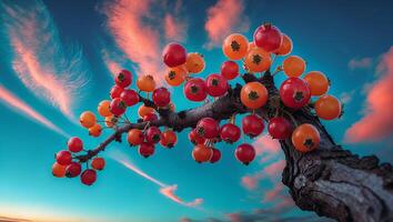 Berry Tree with Red Fruits Against a Blue Sky photo