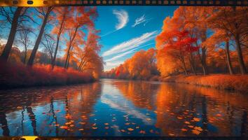 otoño río paisaje con vistoso hojas y cielo foto