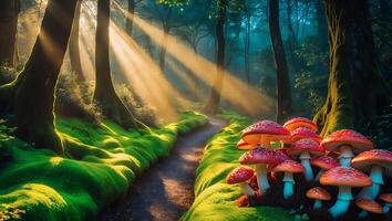 Mushroom in Forest with Sunbeam and Green Moss photo