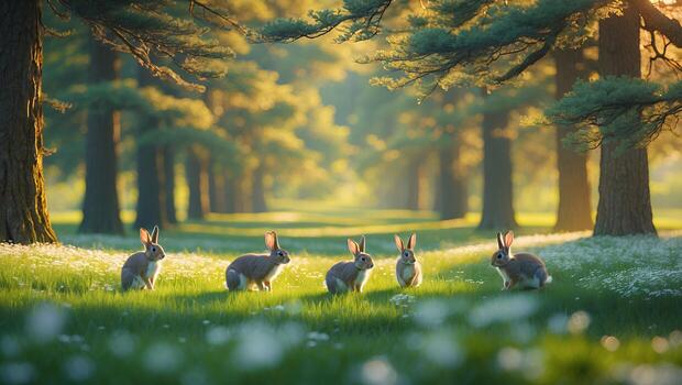 Rabbit in Grassy Field with Trees photo