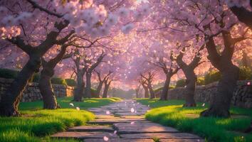 Blossom Tree Lined Path with Pink Petals photo