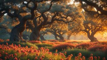 Tree in Field with Flower and Bird photo