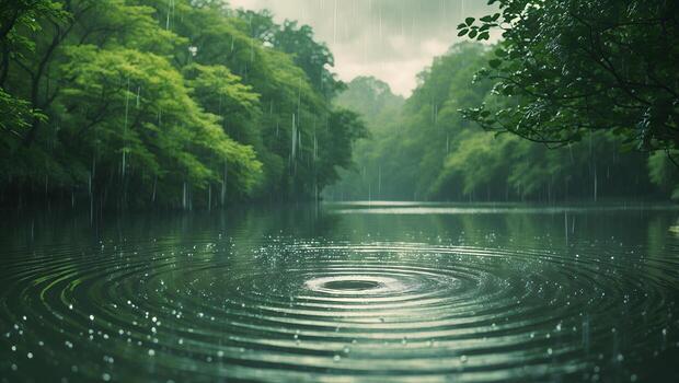Raindrops on Lake Surrounded by Green Trees photo