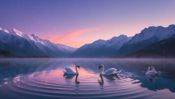 Swan on Lake at Dawn with Snowy Mountain Background photo