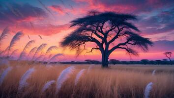 Savanna Landscape at Sunset with Tree and Grass photo