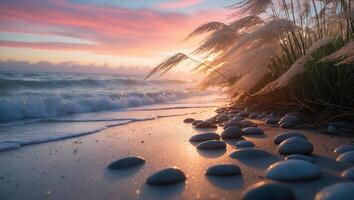 A sunset on the beach with rocks and grass photo