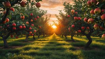 Apple Trees with Red Fruit During Sunset in Orchard photo
