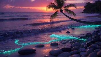 Tropical Beach with Palm Tree, Sea, and Glowing Light photo