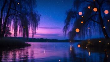 Willow Tree at Lake Night with Stars photo
