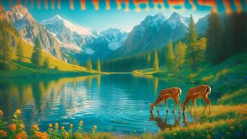 Deer Drinking Water in Mountain Lake Landscape photo