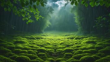 Mossy Forest Scene in Rain photo
