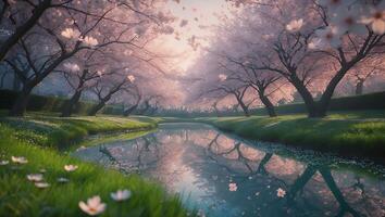 Cherry Blossom Trees by River photo